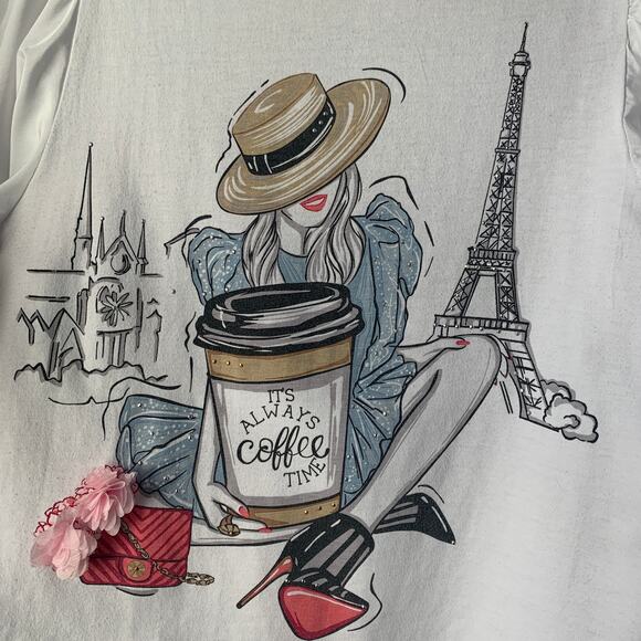 More Love & Lace White Blouse with Paris Graphic Flowers Puff Sleeves Size Large - Picture 2 of 15